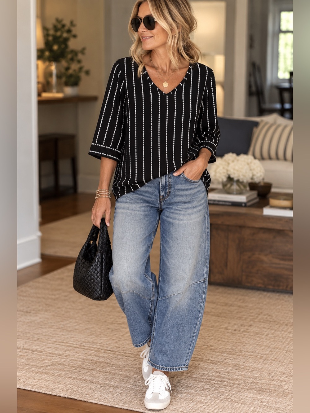 Soft Surroundings Black & White Striped V-Neck Blouse Medium Petite Neutral